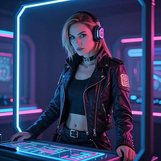 Cyberpunk photograph of a blonde woman with blue neon lighting, wearing a black leather jacket, headphones, and a choker, standing in front of