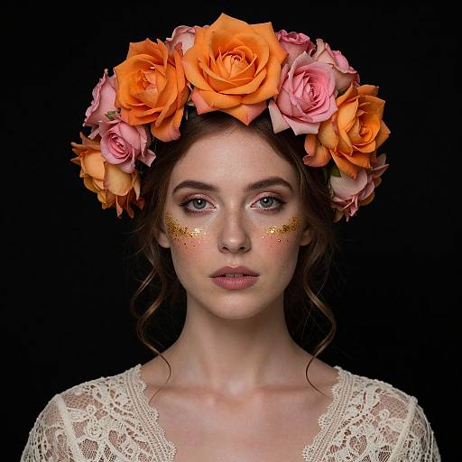 Photograph of a fair-skinned woman with blue eyes, wearing a lace top, an orange and pink flower crown, and gold glitter on her cheeks