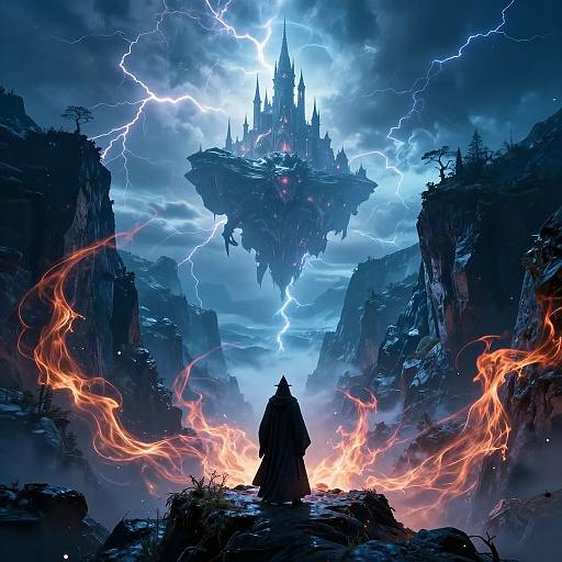 Digital fantasy artwork: Silhouetted robed figure stands before glowing orange lava, facing floating, lightning-illuminated castle amidst stormy,