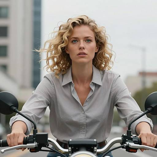 Dynamic Woman Riding Motorcycle in City