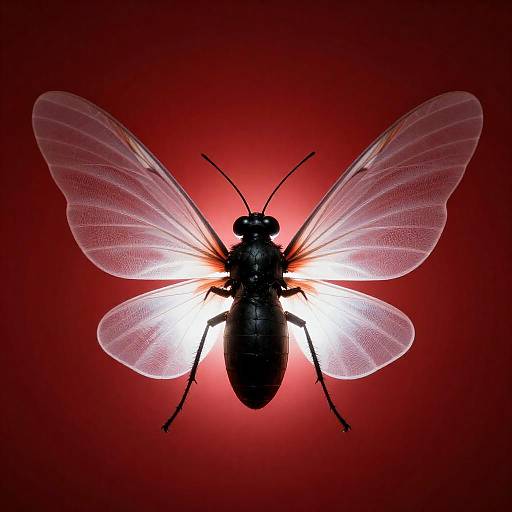 Black Insect with Translucent Wings on Red Background