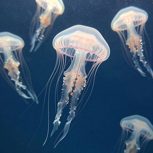 Photograph of glowing jellyfish with translucent bodies and long, flowing tentacles, floating gracefully in a deep blue underwater scene.
