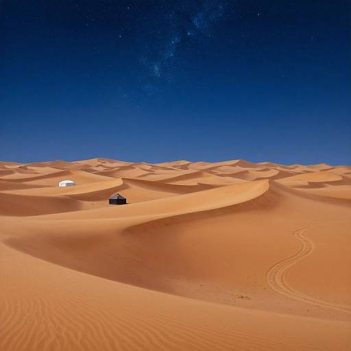 Photograph of a vast, orange desert with undulating sand dunes under a deep blue, star-filled night sky. A small white tent and black