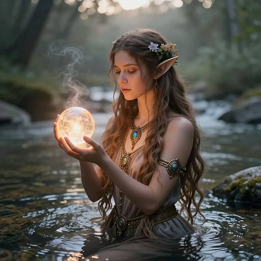 Fantasy photograph of a fair-skinned, long-haired elf woman with pointed ears, glowing orb, and floral crown, kneeling in a forest stream,