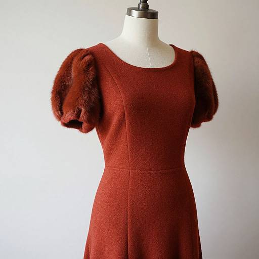 Photograph of a vintage red dress on a mannequin, featuring short puffed sleeves lined with luxurious red fur.