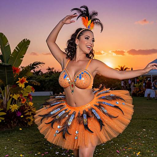Photograph of a smiling, dark-haired woman in an orange, sequin, feathered hula costume with a headpiece, dancing at sunset in