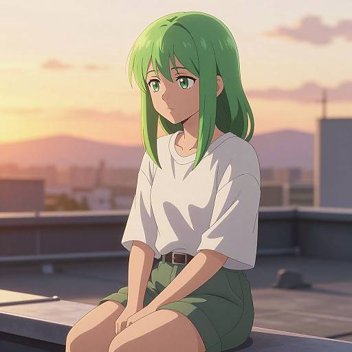 Anime-style digital drawing of a green-haired girl with green eyes, wearing a white shirt and green shorts, sitting on a rooftop at sunset, with a