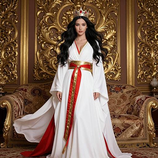 Photograph of a regal Asian woman with long black hair, wearing a white royal gown with red and gold accents, and a crown, standing in
