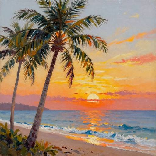 Vibrant sunset painting of two palm trees on a tropical beach, with orange and pink skies reflecting on the ocean waves.
