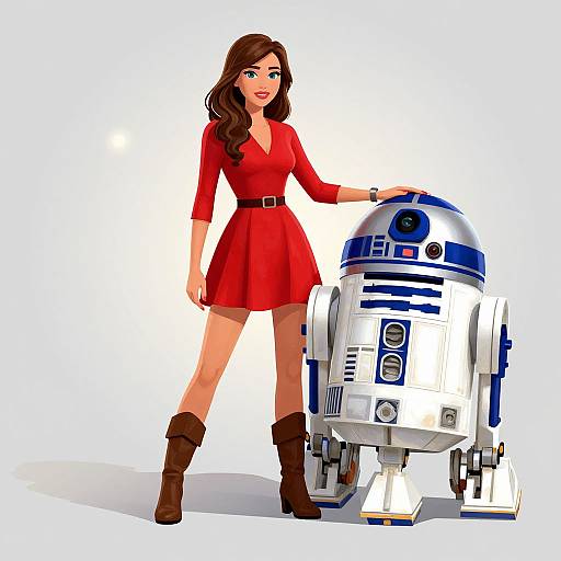 Digital illustration of a smiling brunette woman in a red dress and brown boots, standing beside a white and blue R2-D2 droid.