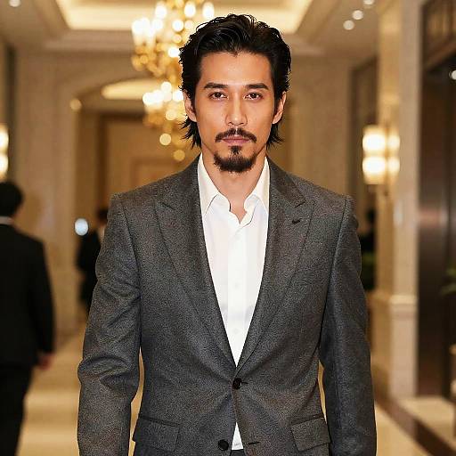 Photograph of a handsome man with dark, wavy hair, trimmed beard, and mustache, wearing a dark gray blazer over a white shirt