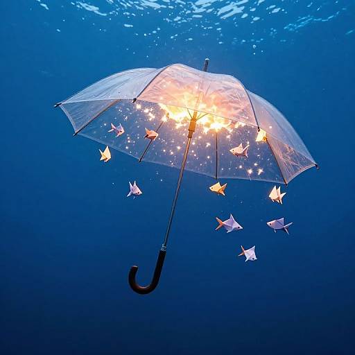 Photograph of a transparent, starry umbrella with glowing light and floating paper butterflies against a deep blue underwater background.