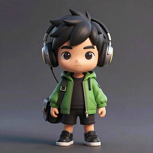 Chibi Boy with Headphones and Green Jacket