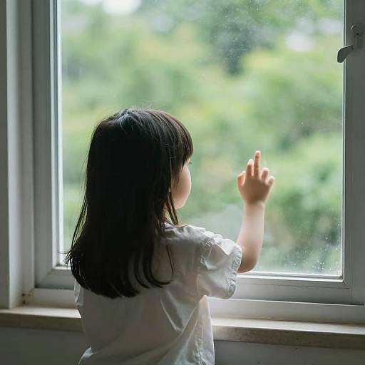 Photograph of a young girl with black hair, wearing a white shirt, standing by a window, gazing outside with her hand raised. Blurred