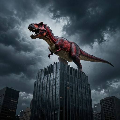 Stormy Cityscape with Red T Rex