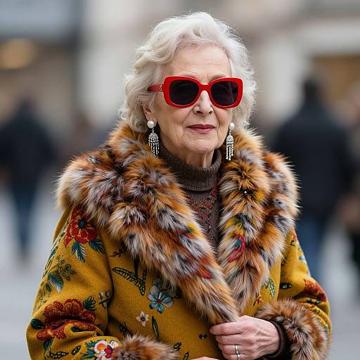 Photograph of an elderly woman with white hair, wearing a vibrant floral yellow coat with fur trim, red sunglasses, and dangling earrings, standing outdoors with