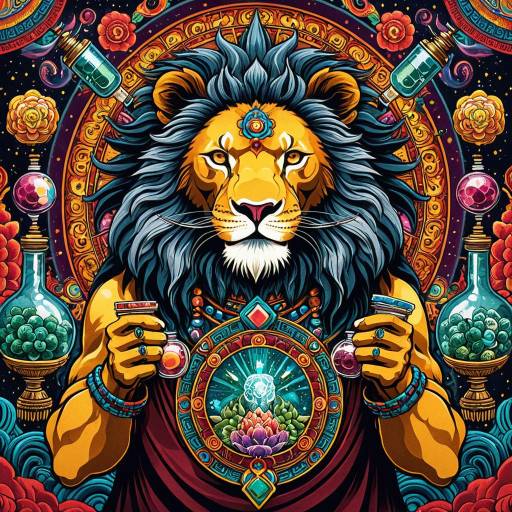 Anime-styled Lion with Psychedelic Vials and Tibetan Mandala