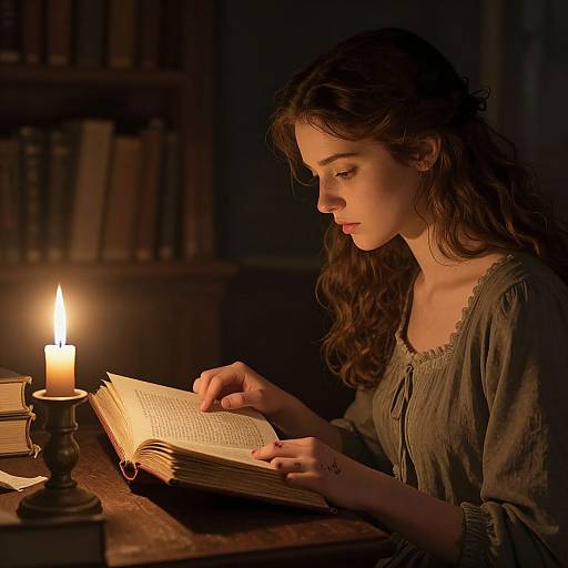 Photograph of a young woman with long brown hair, wearing a gray medieval-style blouse, reading by candlelight in a dimly lit library.