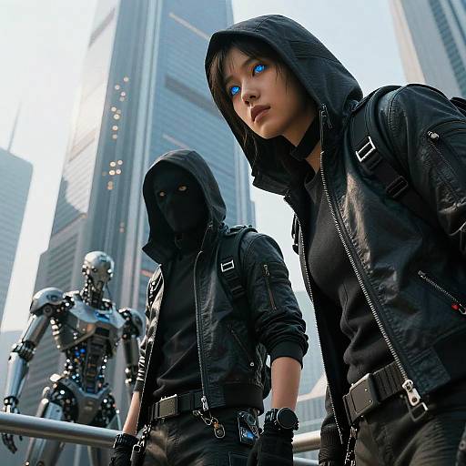 Photograph-like CGI of two hooded black-clad individuals with glowing blue eyes, standing in front of a robotic figure and towering skyscrapers.