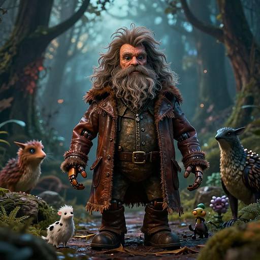Digital art: Bearded, long-haired man in leather coat stands in enchanted forest with sheep, mushrooms, and small creatures around him.