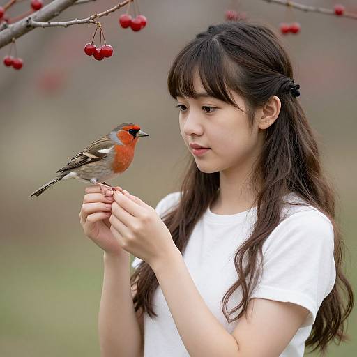 Photograph of a young Asian woman with long black hair and bangs, wearing a white shirt, gently holding a small red-breasted bird with brown