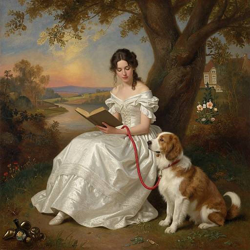Painting of a fair-skinned woman in an off-shoulder white gown reading a book while a brown and white dog sits nearby, under a