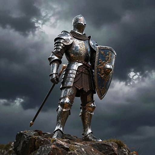 Photograph of a shiny, medieval knight statue in silver armor, holding a sword and shield, standing on a rocky outcrop under a dramatic, cloudy
