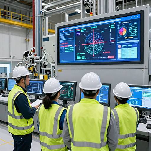 Photograph of four male engineers in white helmets and yellow vests, operating control panels in a modern industrial control room with large, colorful dashboard screens displaying technical
