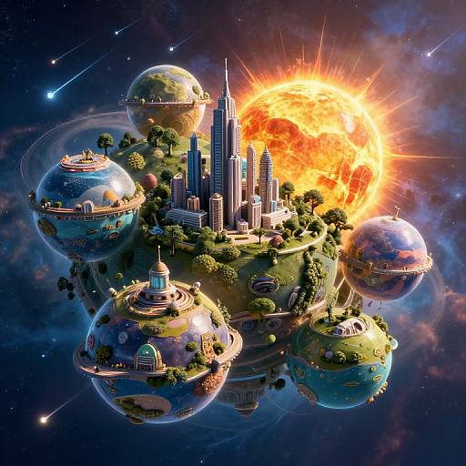 Digital art: Futuristic city on floating, glassy spheres surrounded by a sunburst, space background with stars and meteors. Vibrant,
