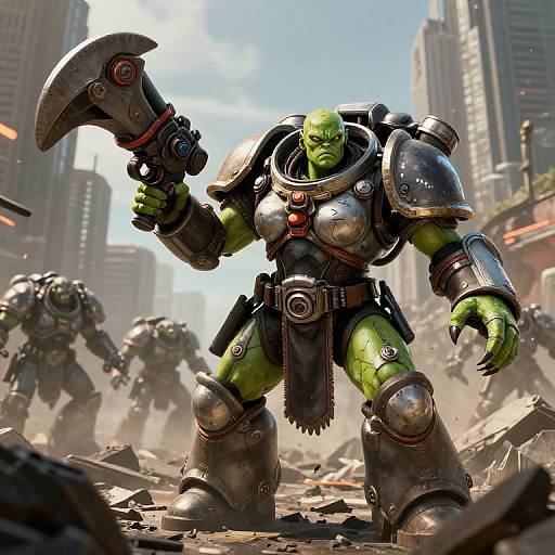 CGI image of a green-skinned, muscular orc warrior in metal armor, wielding a large axe, leading an army in a ruined, sunlit
