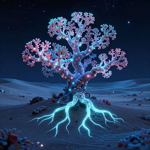 Glowing, bioluminescent tree with vibrant blue and pink lights, neon roots, and starry night sky in a desert landscape. Phot