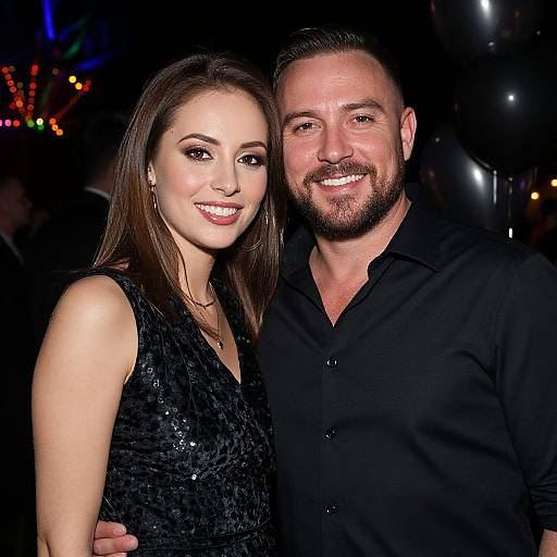 Photograph of a smiling couple at a nighttime event; woman in black sequined dress, man in black button-up shirt, dimly lit background with