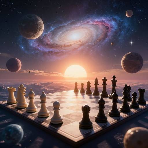 Photorealistic digital artwork of a chessboard set on a cosmic sea, with planets, a galaxy, and a sunset-lit sky. White and