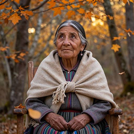 Photograph of an elderly Native American woman with gray hair, deep wrinkles, wearing a woven blanket and striped dress, sitting in a forest with autumn leaves