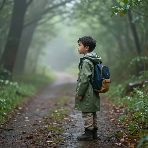 Boy in Raincoat by Forest Path