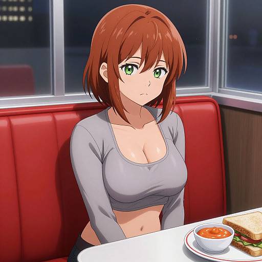 Anime-style digital drawing of a red-haired, green-eyed woman with large breasts in a grey crop top, sitting in a red booth at a diner,