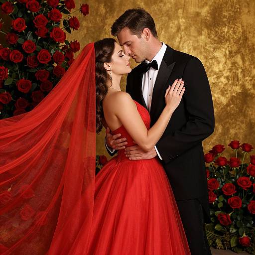 Photograph of a romantic couple kissing, wearing red formal attire, surrounded by red roses and a gold textured background.