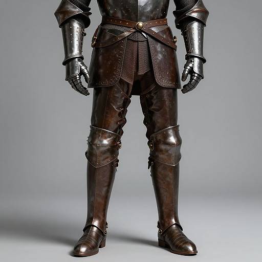 Photograph of a medieval-style armored mannequin with shiny metallic gauntlets, brown leather pants, and boots, standing against a plain gray background