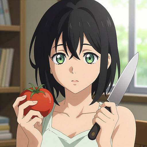 Anime-style digital drawing of a young woman with black hair and green eyes, holding a knife in one hand and a tomato in the other, wearing a
