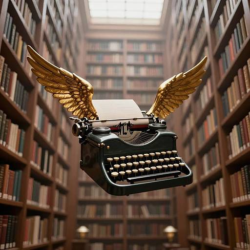 Photograph of a vintage black typewriter with golden wings, floating in a narrow, towering library aisle filled with bookshelves.