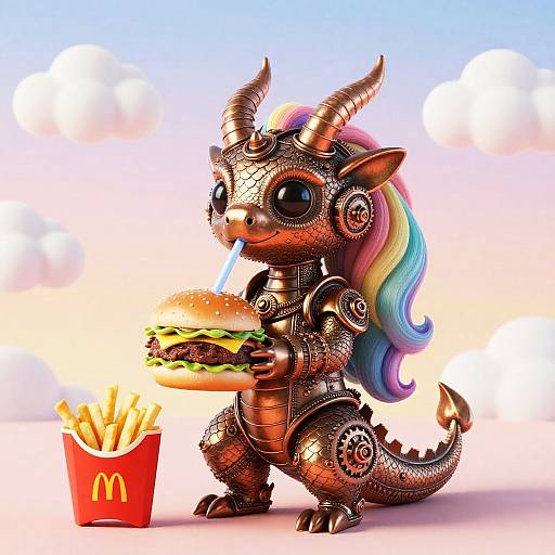 Steampunk Bronze Dragonette with Rainbow Mane