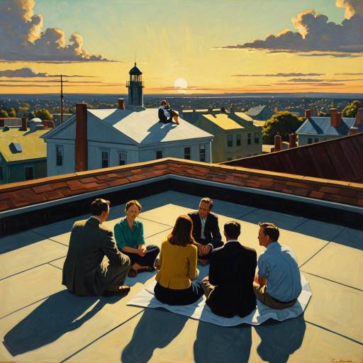 Group Sitting on Rooftop at Sunset