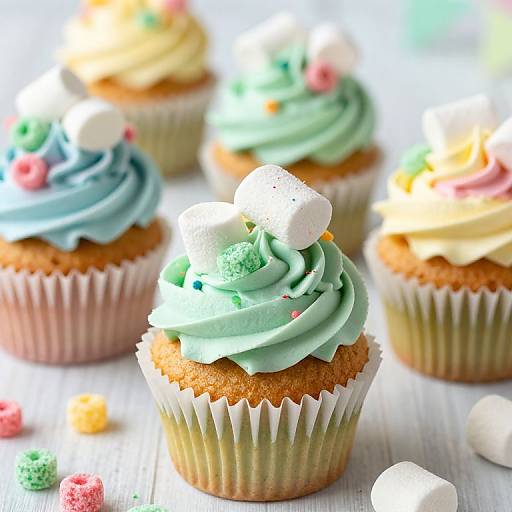 Photograph of colorful cupcakes with swirled mint, blue, and yellow frosting, topped with marshmallows and sprinkles, in white paper liners