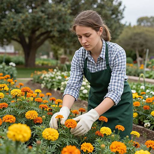 Photograph of a young woman with brown hair in a ponytail, wearing a green apron, white gloves, and checkered shirt, tending