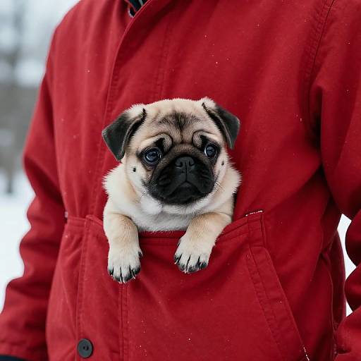 Photograph of a small pug puppy with a black mask, beige fur, and black ears, peeking out of a bright red jacket. Snow