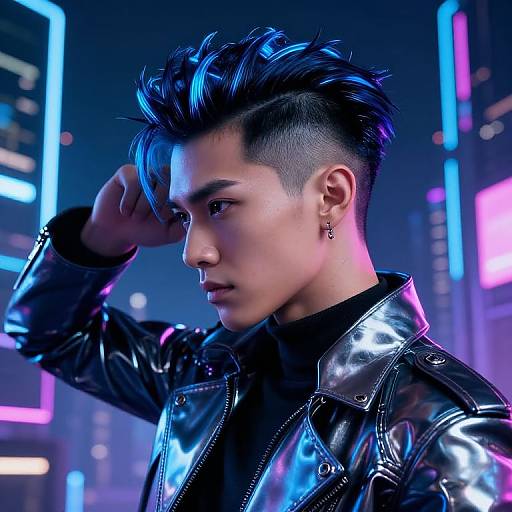 Cyberpunk-style photograph of an androgynous Asian man with spiked black hair, black leather jacket, and cross earring, against neon-l