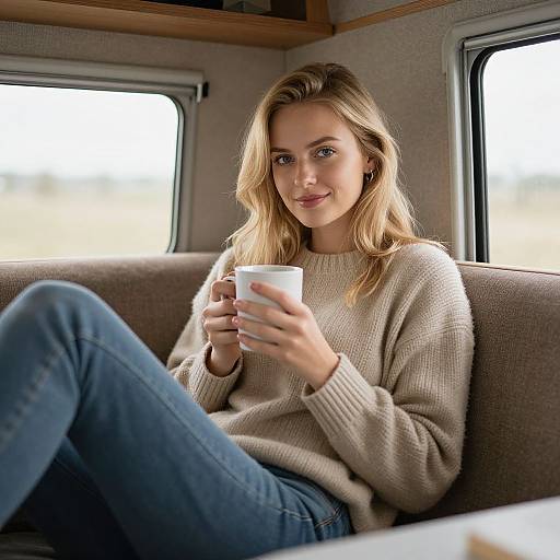 Cozy Blonde Woman in Camper Van