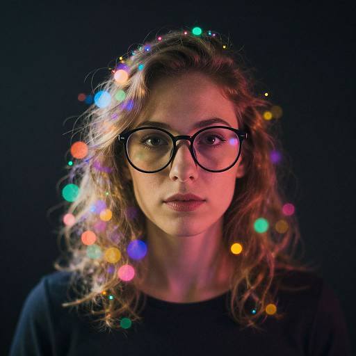 Photograph of a young woman with wavy brown hair wearing black-rimmed glasses, illuminated by colorful, bokeh Christmas lights against a dark background