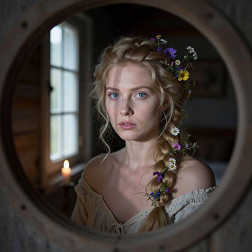 Photograph of a fair-skinned, blonde woman with blue eyes, wearing a floral headband and off-shoulder white dress, viewed through a