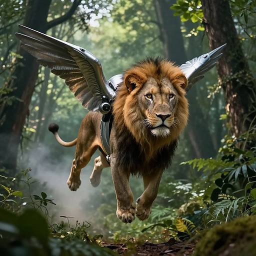 Digital artwork of a majestic lion with large, metallic wings flying through a dense, sunlight-dappled forest, creating a mystical ambiance.
